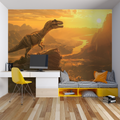 Dinosaur wall mural brings prehistoric adventure to a modern kids bedroom with warm sunset tones