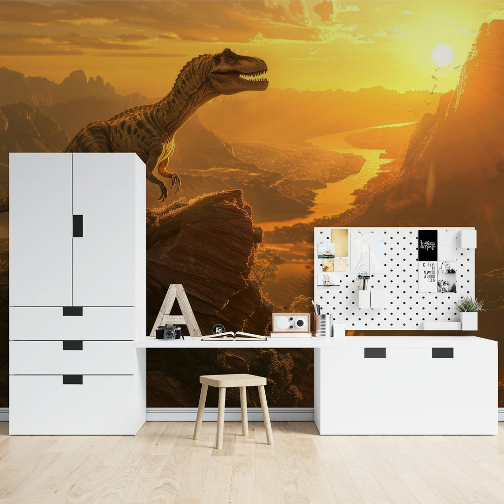 Prehistoric mural adding character to a playroom with mountain landscape backdrop