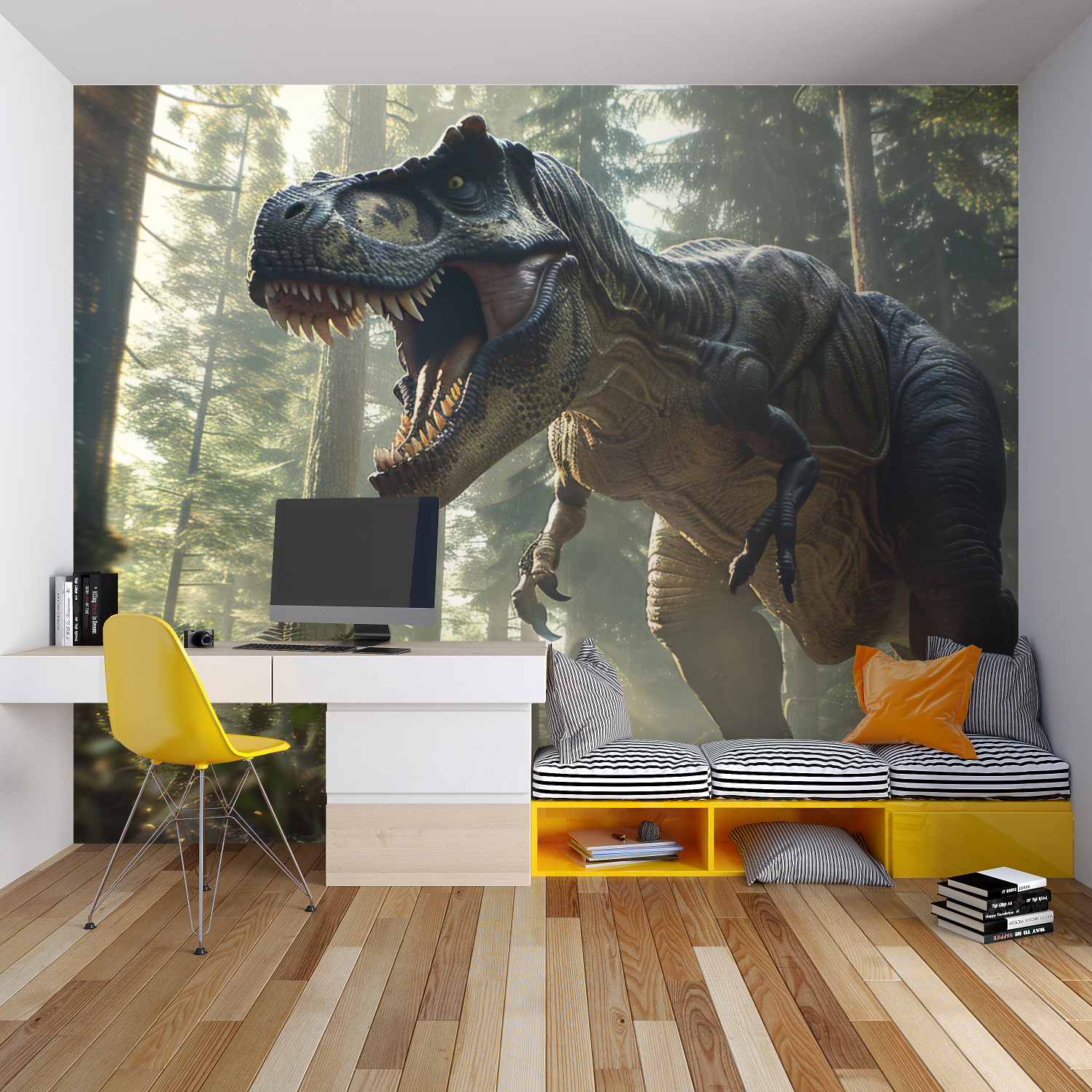 T-Rex forest wallpaper transforming a neutral nursery into an adventure zone