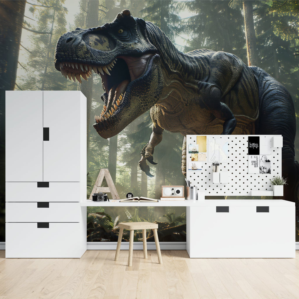 Dinosaur themed wallpaper making a statement in a boy's bedroom