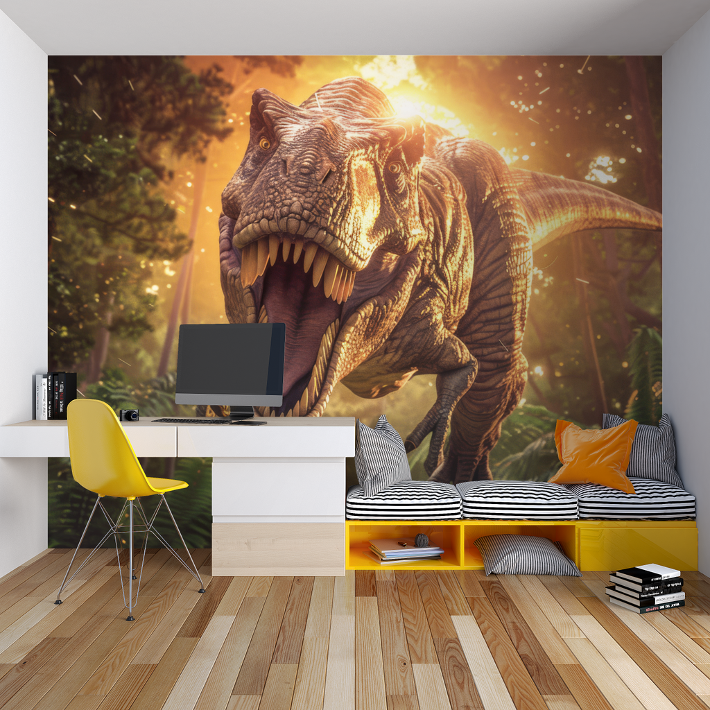 Prehistoric wallpaper transforming game room with lifelike T-Rex design