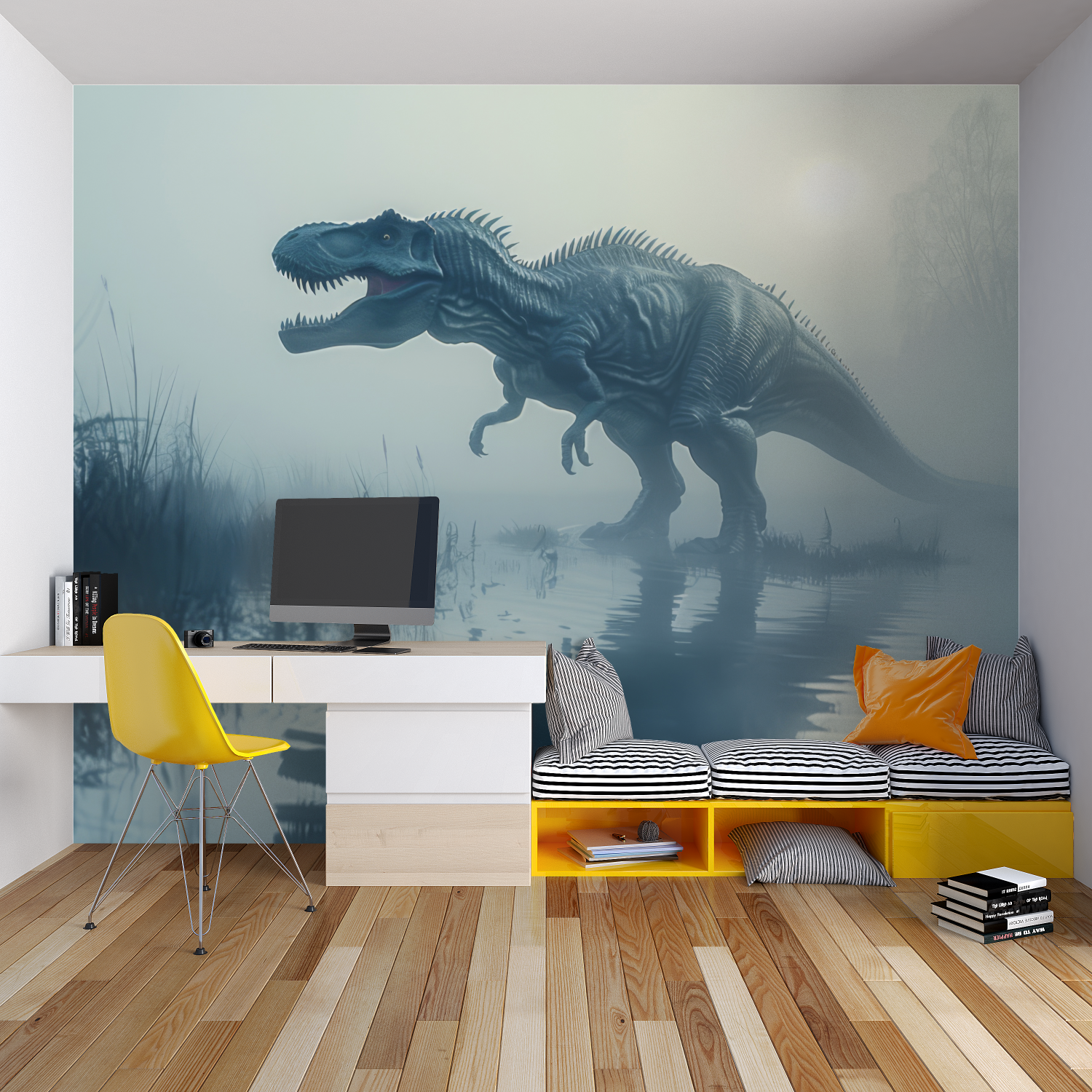 Prehistoric mural in teen bedroom showing scale and atmospheric misty effect