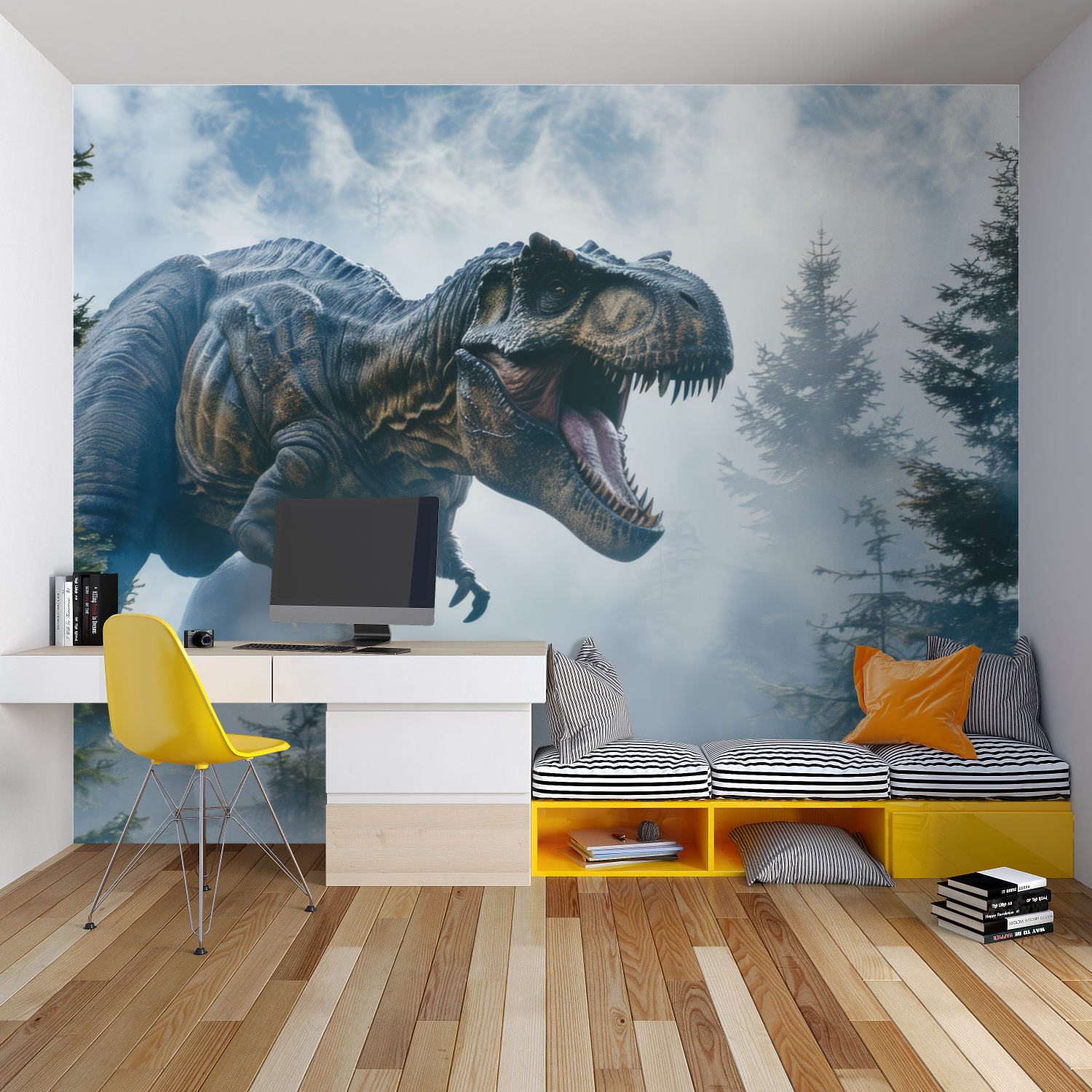 T-Rex wallpaper adding depth to gaming room with ambient lighting