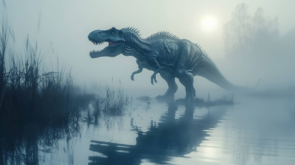Dinosaur wallpaper design file showing full T-Rex pattern with misty forest details