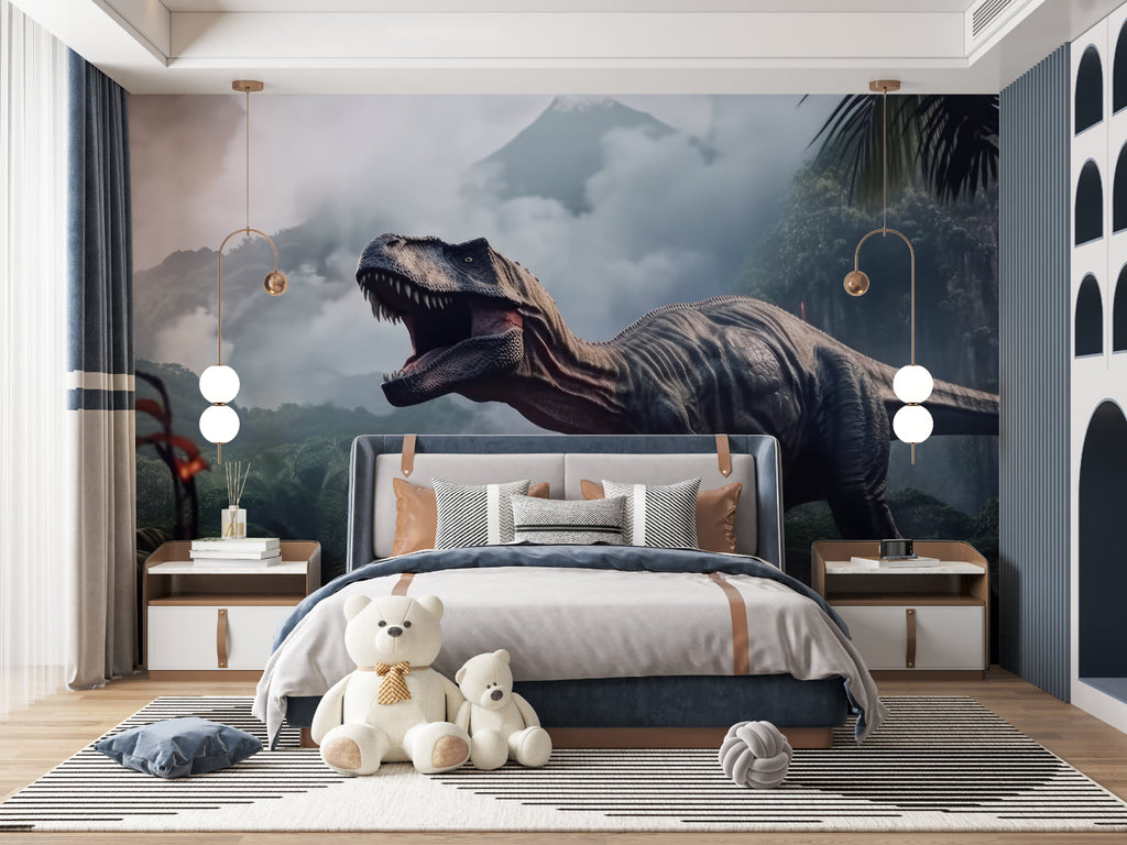 Dinosaur mural wallpaper bringing prehistoric adventure to a modern kids bedroom with dramatic T-Rex design