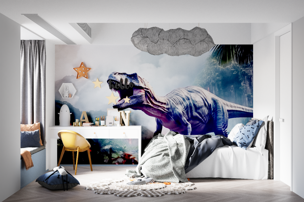 Prehistoric wall mural showcasing realistic T-Rex design in a playroom setting