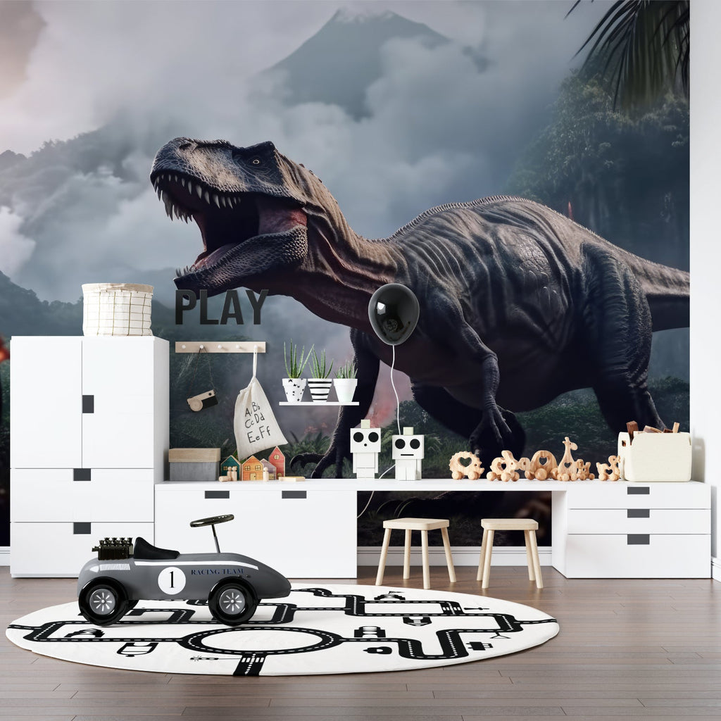 T-Rex mural wallpaper making a bold statement in a modern family room