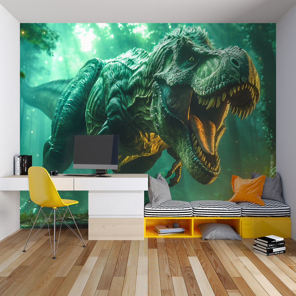 T-Rex mural wallpaper making a bold statement in this modern nursery