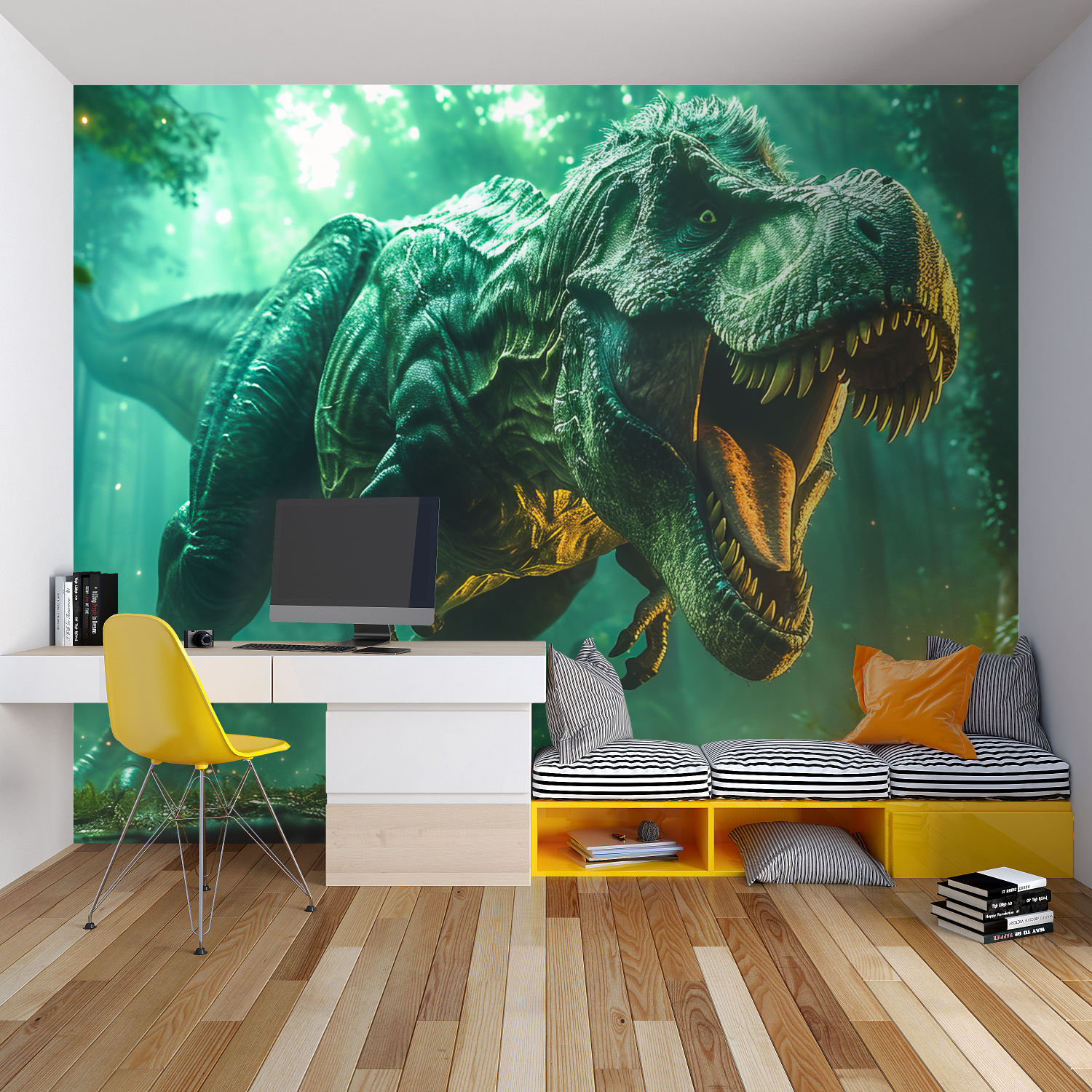 T-Rex mural wallpaper making a bold statement in this modern nursery