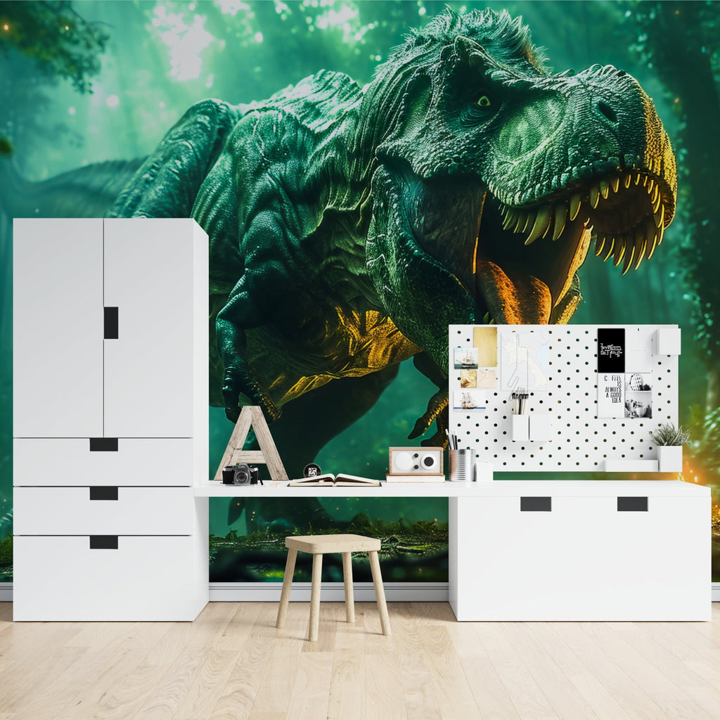 Prehistoric wall mural showcasing T-Rex design in a contemporary kids gaming room
