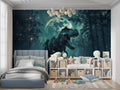 T-Rex night forest wallpaper in modern kids bedroom with blue accent lighting
