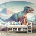 T-Rex dinosaur wallpaper mural creating a stunning feature wall in a modern kids bedroom with blue and pink color scheme