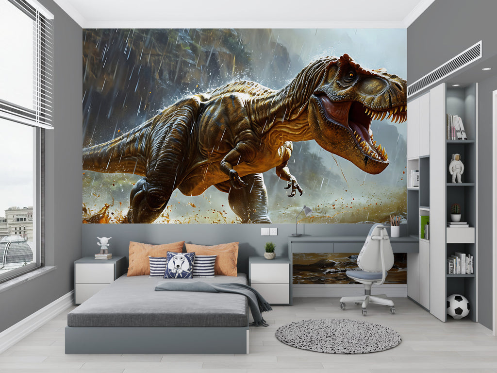 T-Rex wall mural bringing prehistoric action to gaming room setup