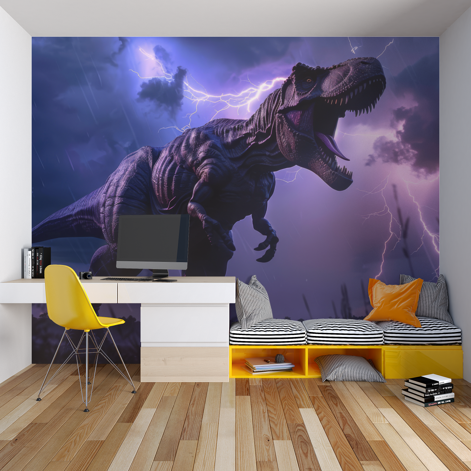 Dramatic T-Rex wallpaper transforming a kids bedroom reading nook