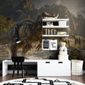 Dinosaur mural wallpaper bringing prehistoric adventure to a modern kids bedroom with T-Rex and mountains