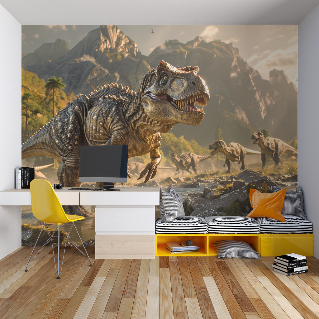 Jurassic wallpaper transforming a study area with dynamic T-Rex design