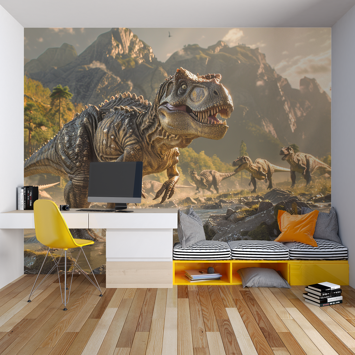Jurassic wallpaper transforming a study area with dynamic T-Rex design
