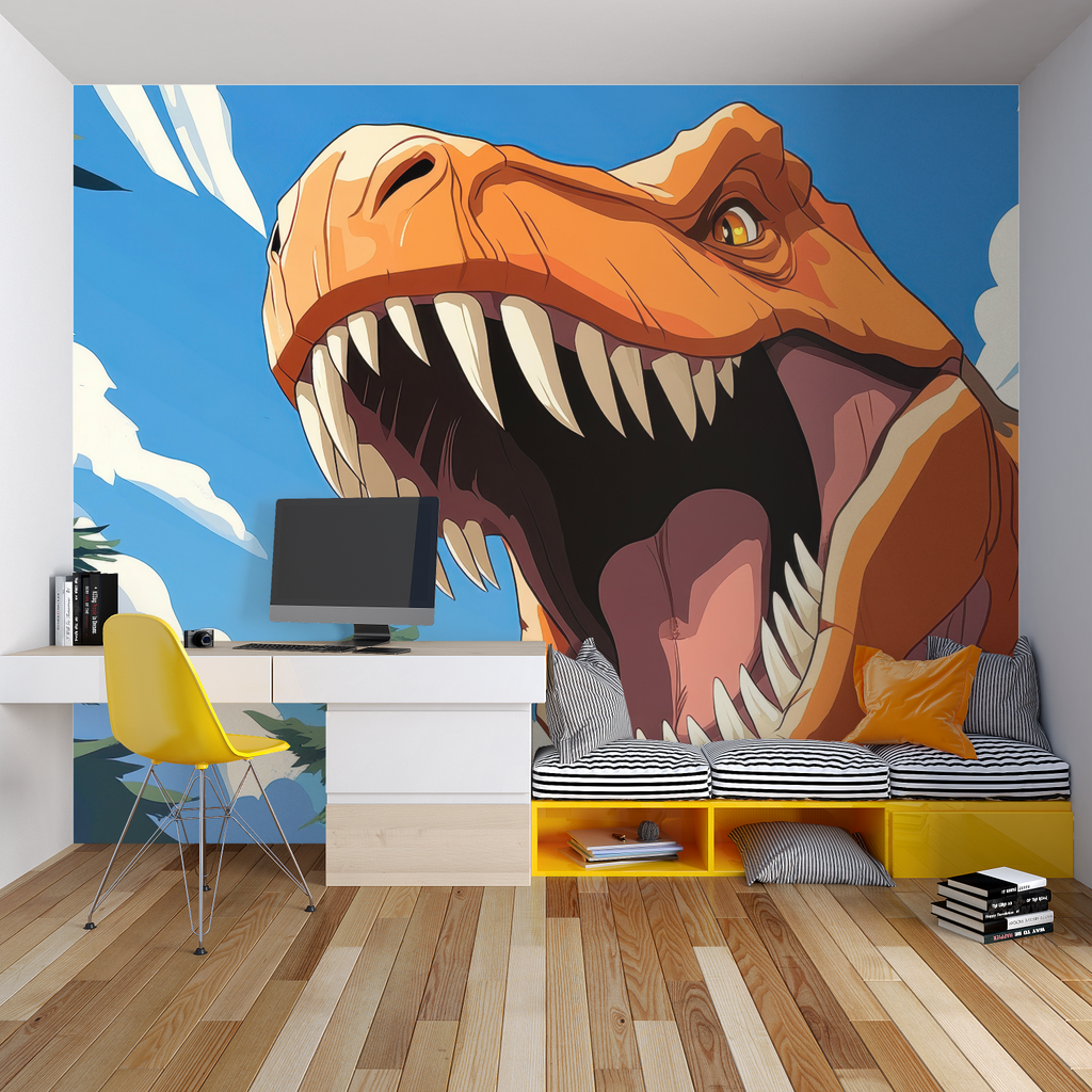 Orange T-Rex dinosaur wallpaper mural displayed in modern kids bedroom with blue accents