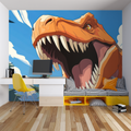 Orange T-Rex dinosaur wallpaper mural displayed in modern kids bedroom with blue accents