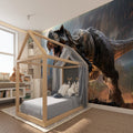 T-Rex wallpaper mural creating drama in modern kids bedroom with blue accents