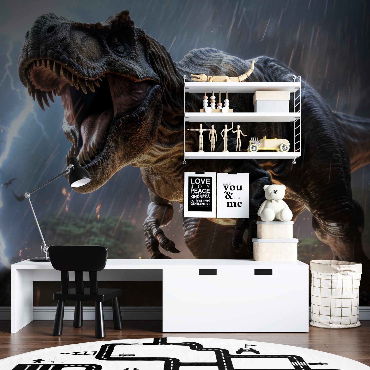 Dinosaur wall mural showcased in playroom with reading nook