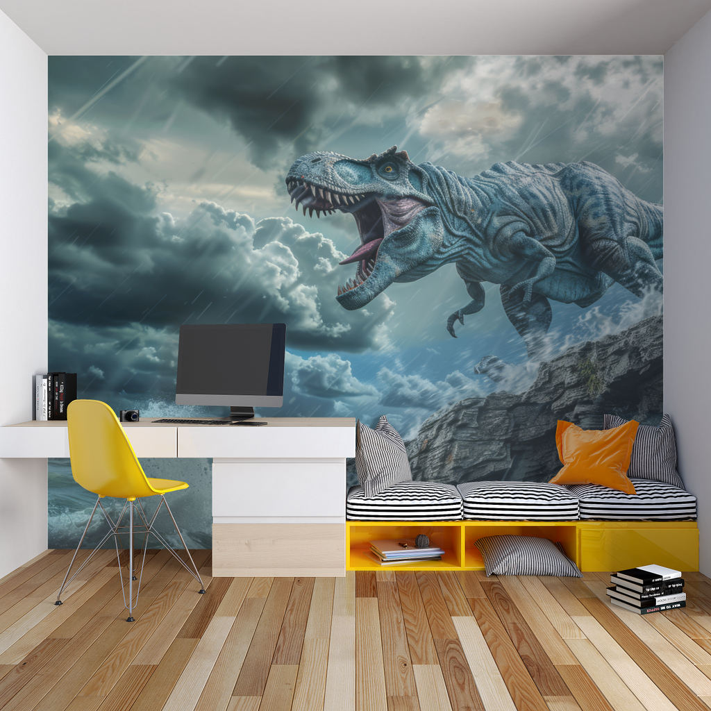 T-Rex wallpaper creating an immersive play space in a child's gaming room