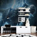 Dramatic T-Rex dinosaur wallpaper mural bringing prehistoric action to a modern kids bedroom