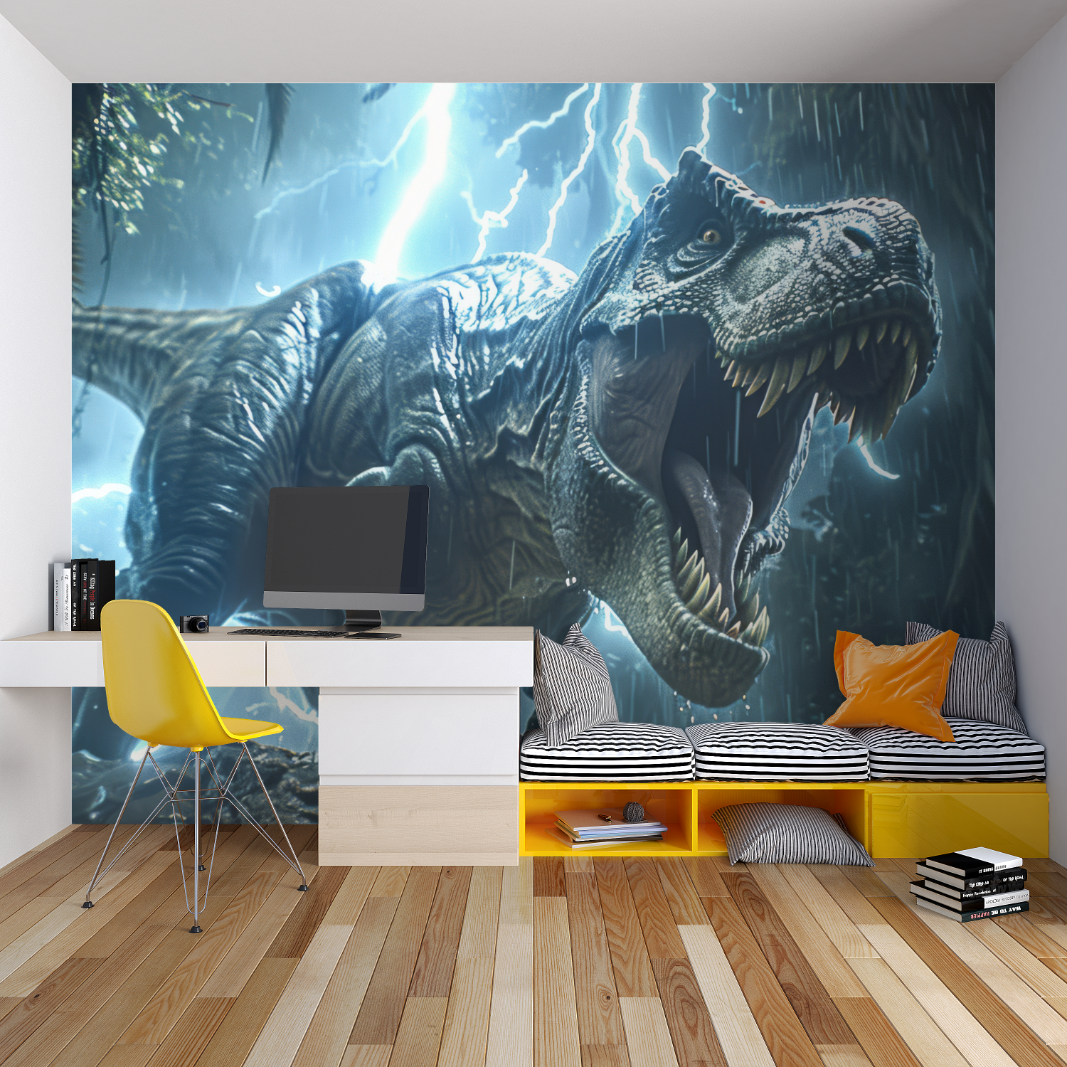 T-Rex wall mural with lightning effects creating excitement in a teen gaming room