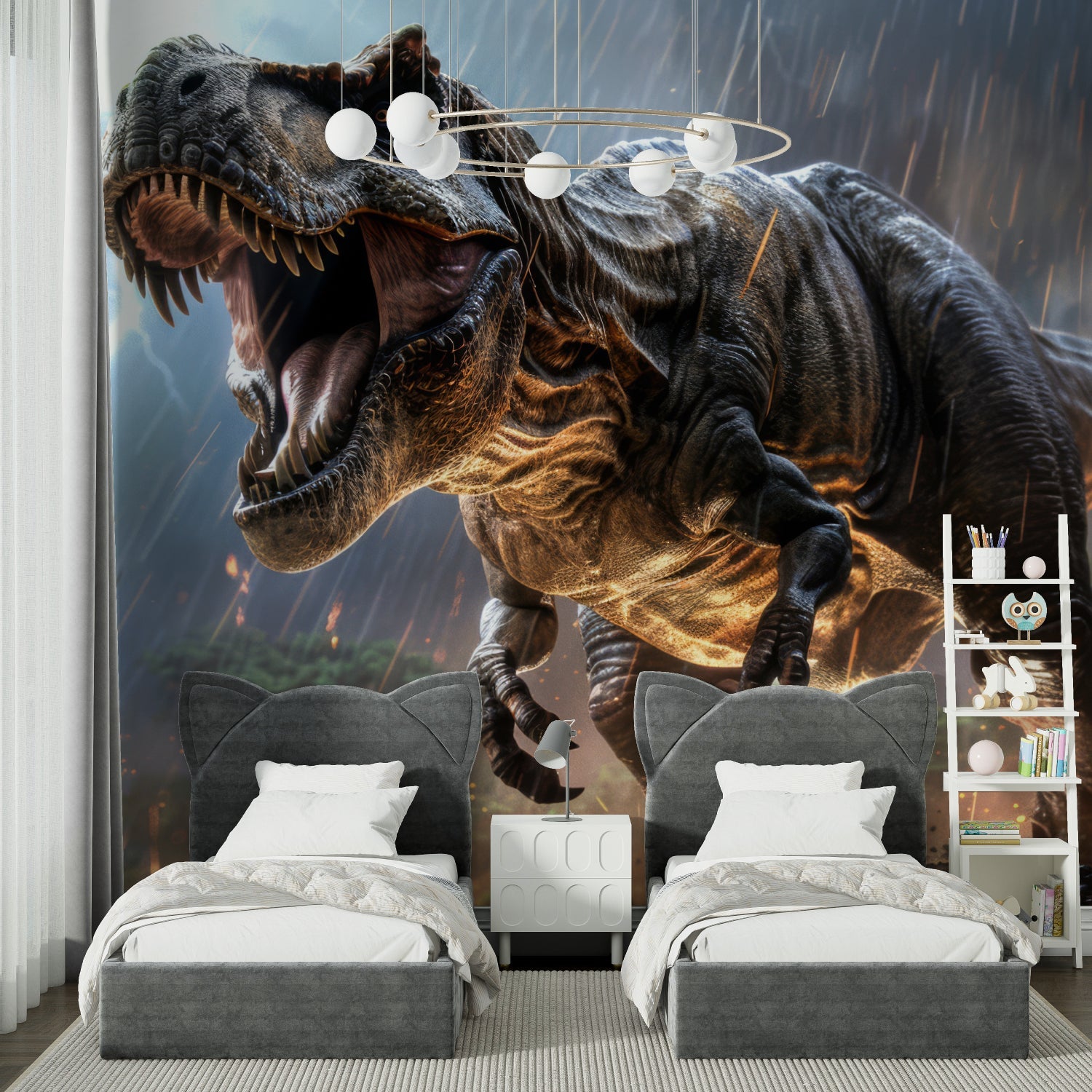 Dinosaur wall mural showcased in teen gaming room with moody lighting