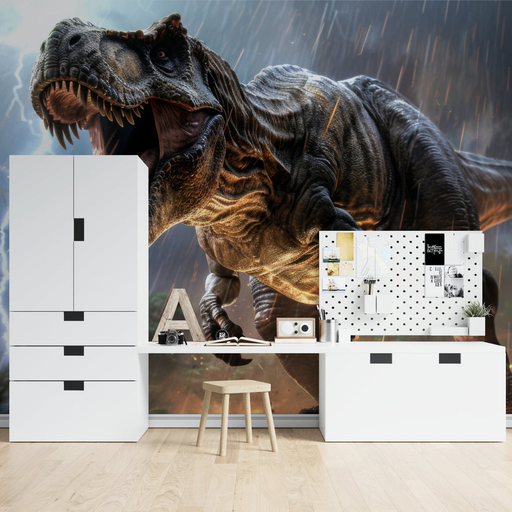 T-Rex Storm Scene Wallpaper making statement in home office setup