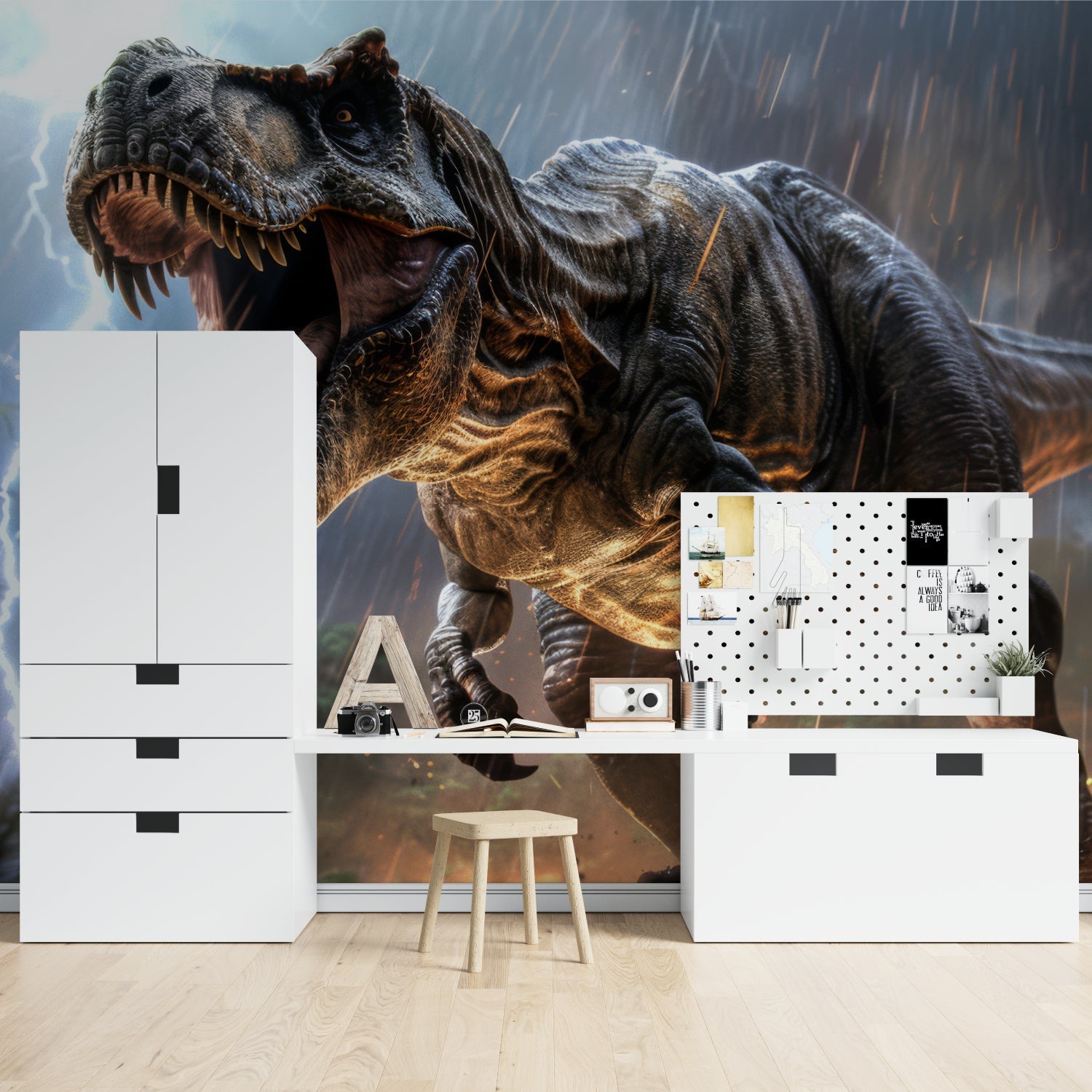 T-Rex Storm Scene Wallpaper making statement in home office setup
