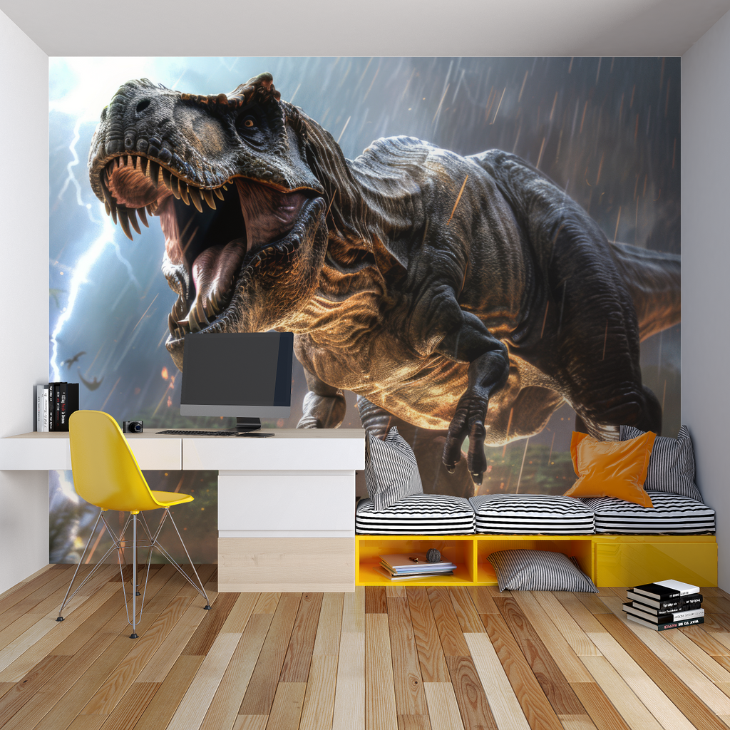 Prehistoric mural transforming modern bedroom with dramatic storm effects