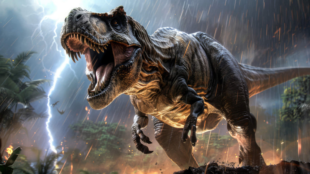 Design file showing detailed T-Rex Storm Scene pattern with lightning effects