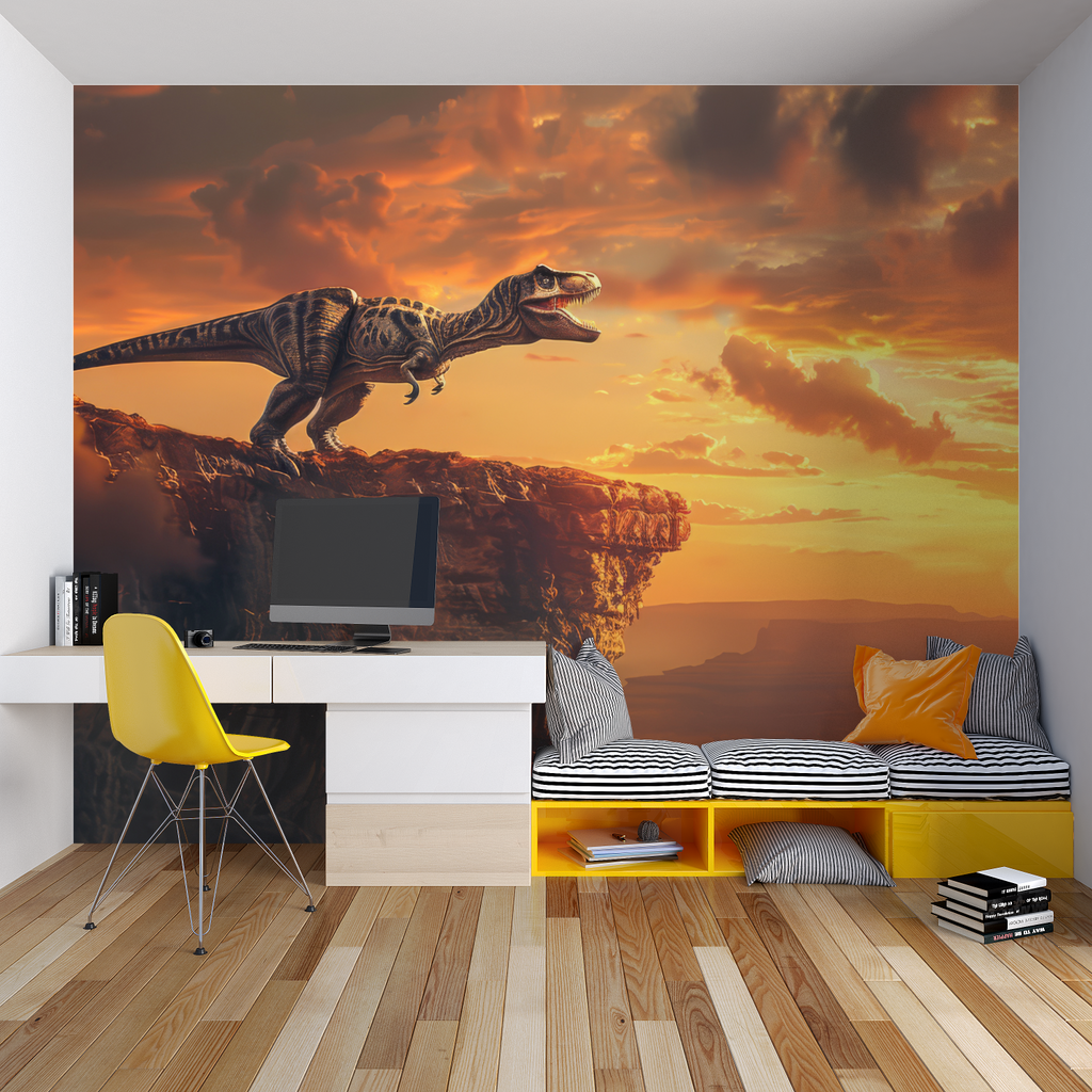 Kids bedroom featuring dynamic T-Rex wall mural with golden sunset backdrop