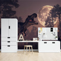 T-Rex dinosaur wallpaper creating magical atmosphere in modern kids bedroom with moonlit glow
