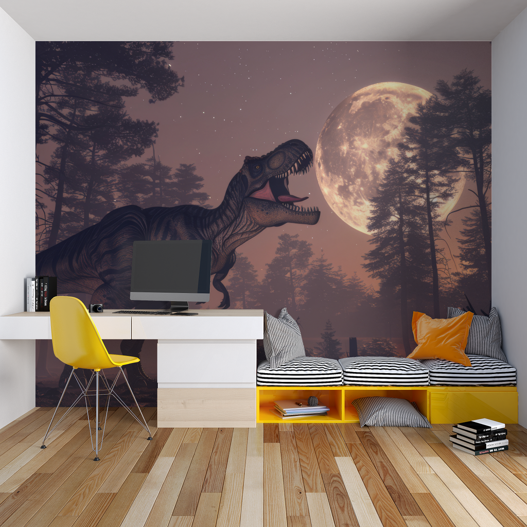 Night scene dinosaur wallpaper adding depth to game room walls