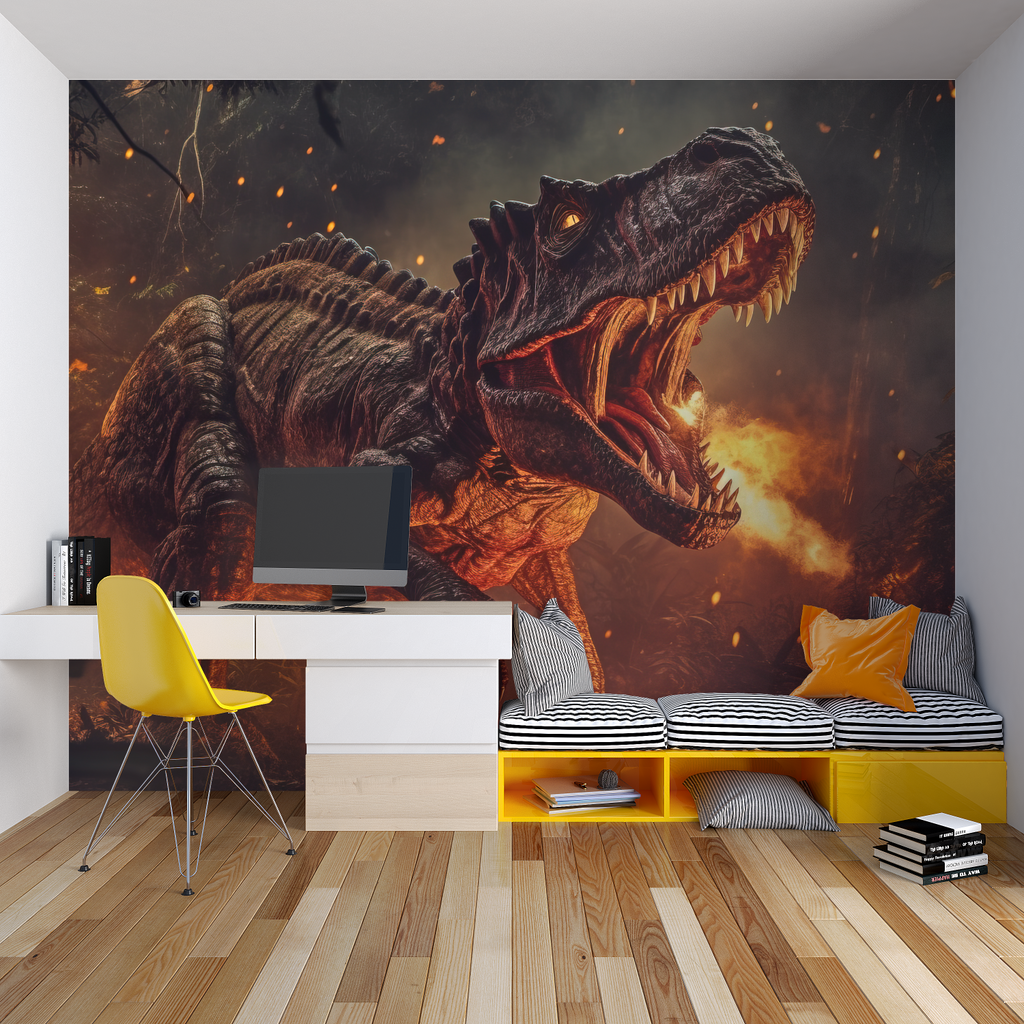 Fire T-Rex wallpaper making bold statement in teen bedroom