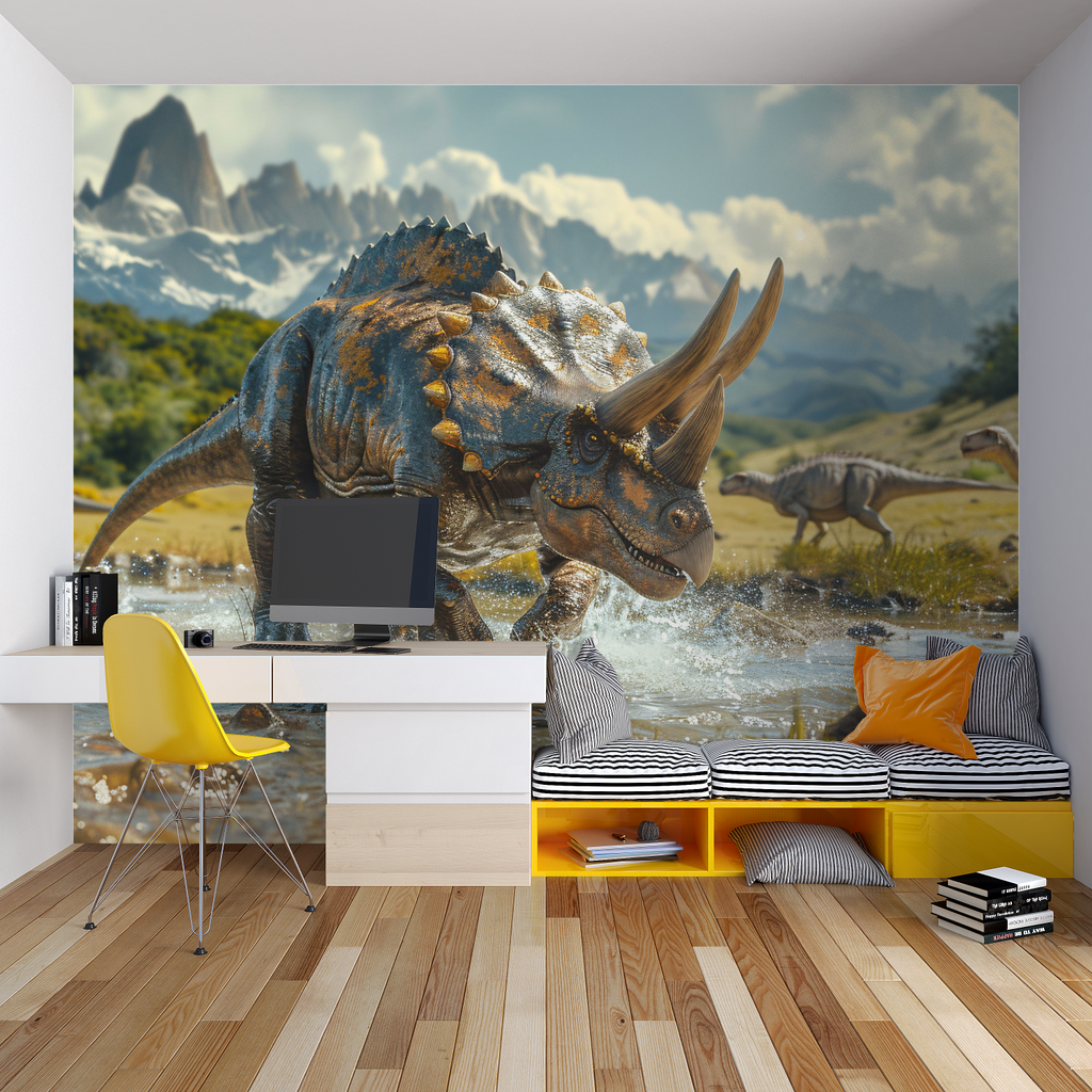 Dinosaur mural wallpaper creating adventure vibes in modern kids bedroom with blue accents