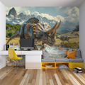 Dinosaur mural wallpaper creating adventure vibes in modern kids bedroom with blue accents