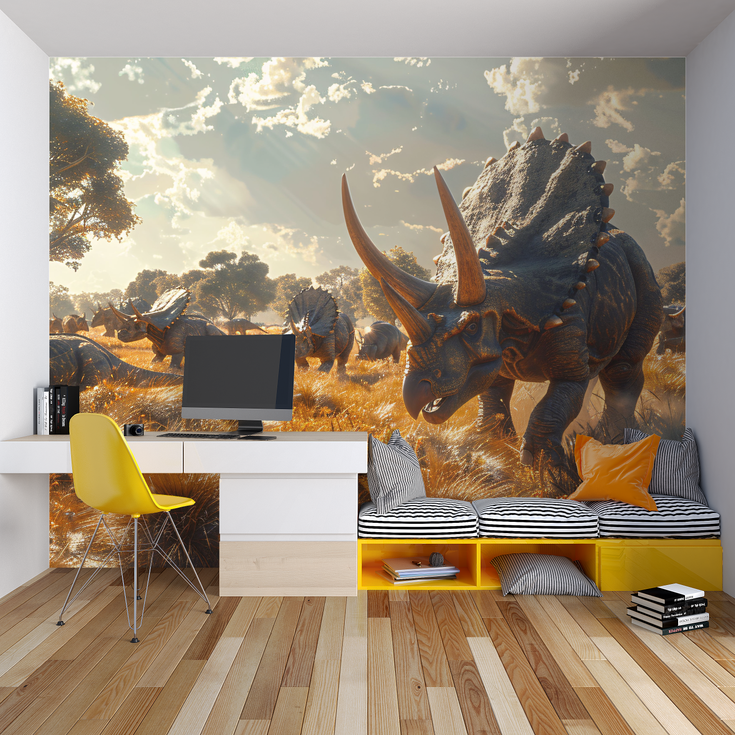 Prehistoric wallpaper displayed in playroom showing scale and detail