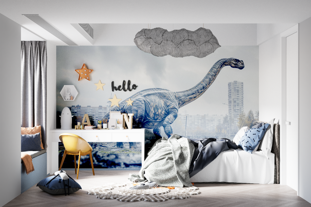 Dinosaur City Mural installed in an urban-themed entertainment room