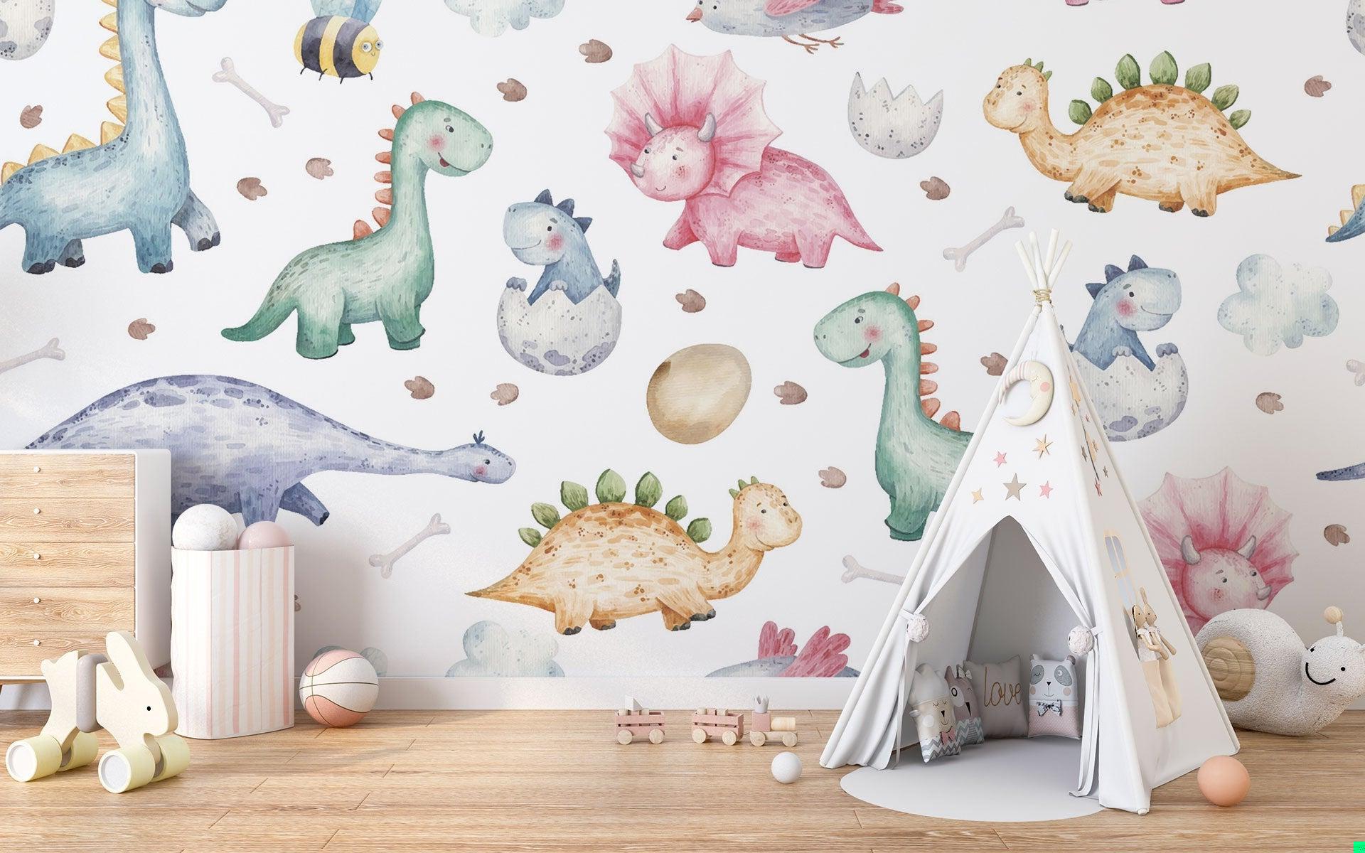 Watercolor Dinosaur Wallpaper in children's bedroom with cozy bed setup