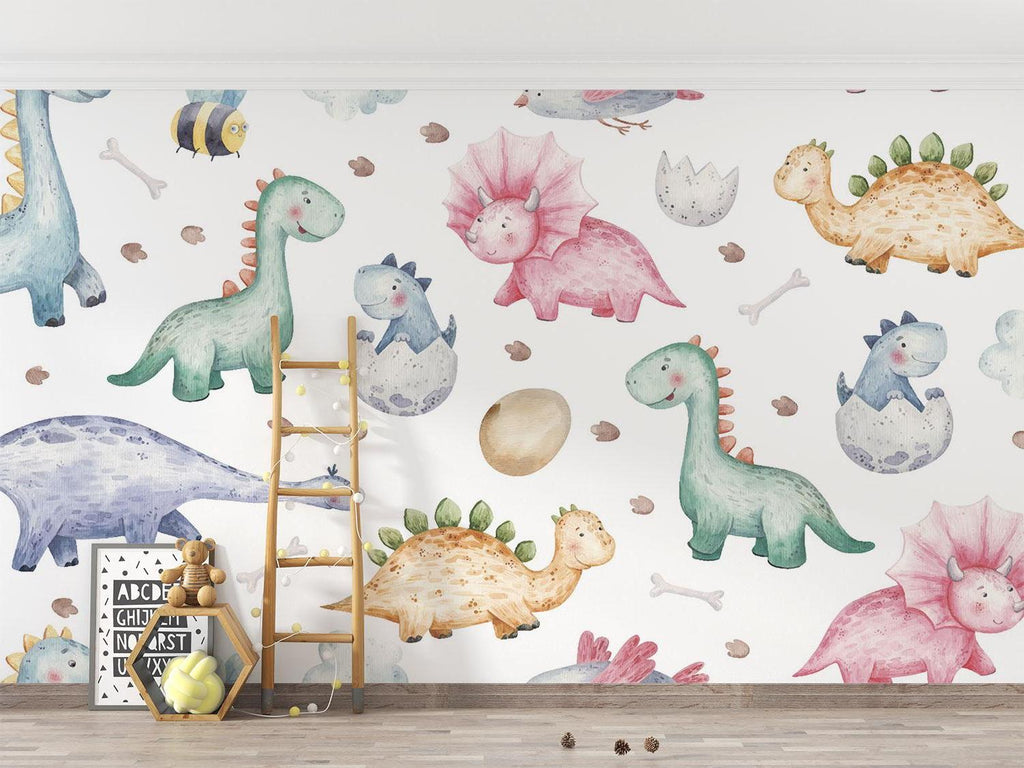 Pastel Dinosaur Mural in daycare center reading area