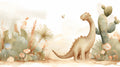 Dinosaur nursery wallpaper with gentle brachiosaurus in modern white nursery with natural wood furniture