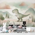 Dinosaur wall mural bringing prehistoric charm to a modern kids bedroom, gentle T-Rex design in watercolor style