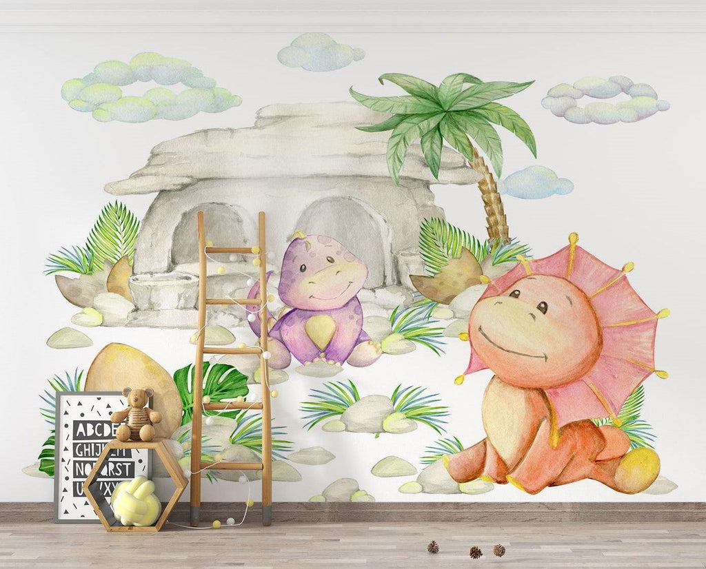 Watercolor Dinosaur Mural in bright nursery with white furniture showing scale and peaceful atmosphere