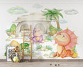 Watercolor Dinosaur Mural in bright nursery with white furniture showing scale and peaceful atmosphere