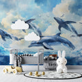 Dolphin wall mural bringing ocean vibes to a modern living room with blue accents