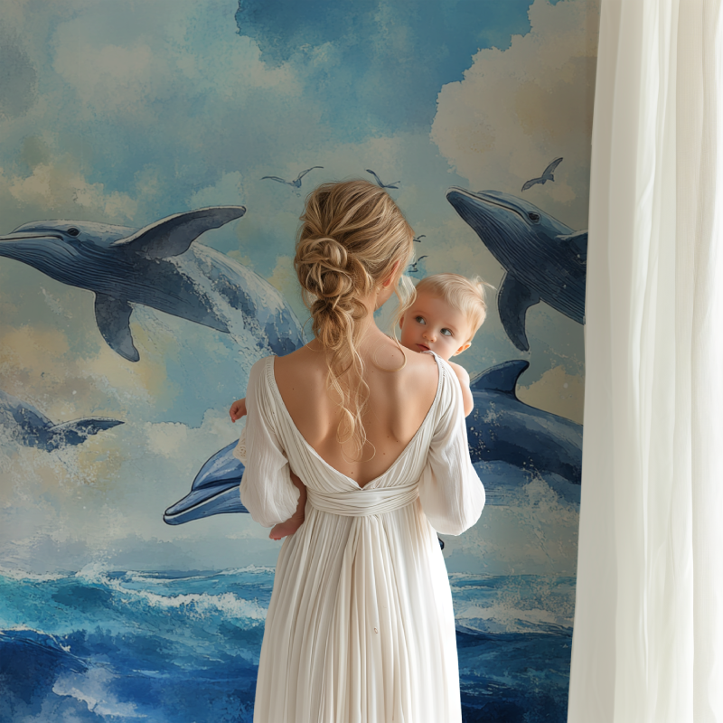 Dolphin wall mural transforming a playroom into an underwater adventure space