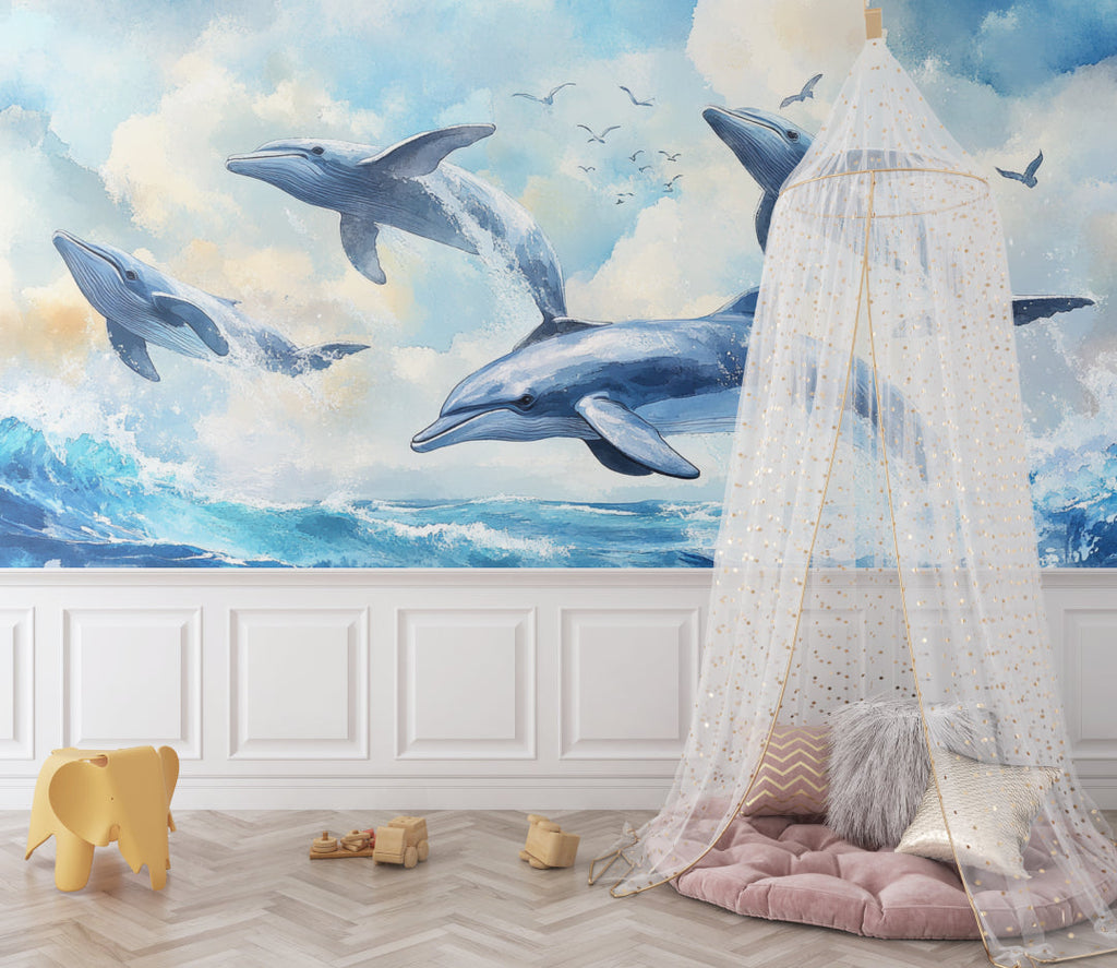 Ocean themed mural with dolphins brightening up a home office space